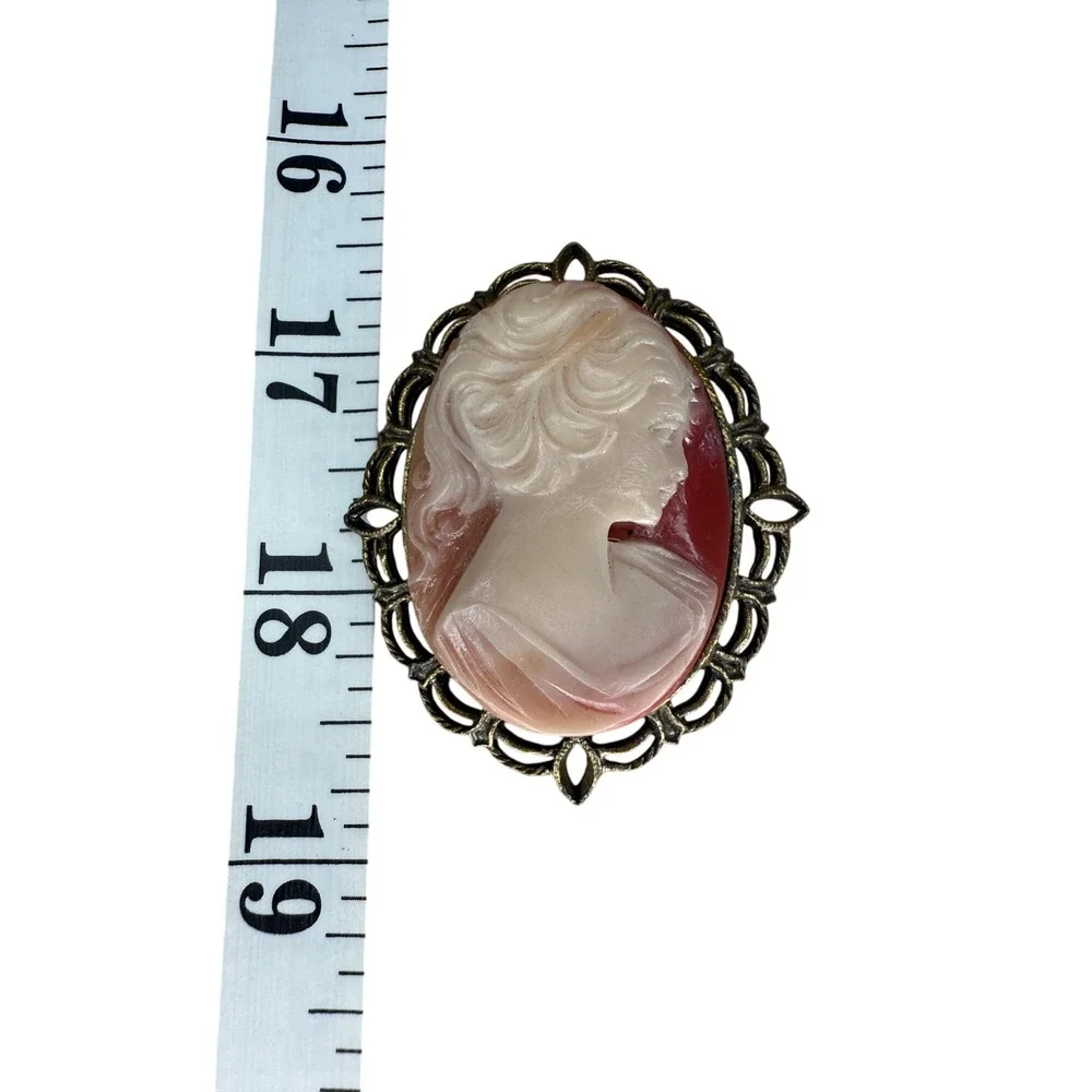 Cameo Brooch Pink Red Antiqued Bronze Filigree Victorian Style Pin - Picture 2 of 6